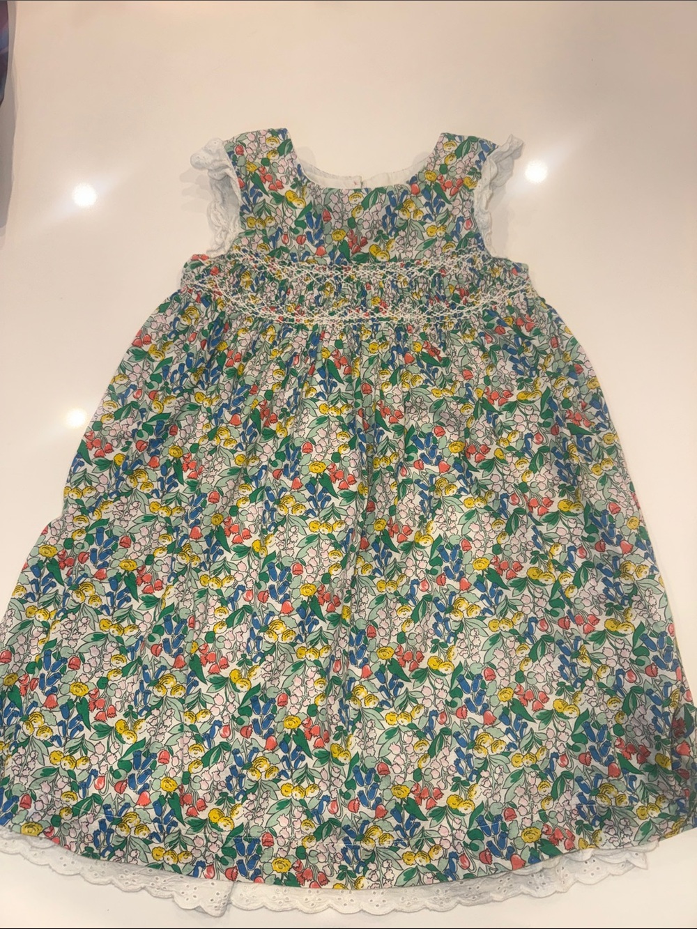 Mini Boden Floral Smocked Cotton Dress FLAWED SEE PICS SIZE 7-8
